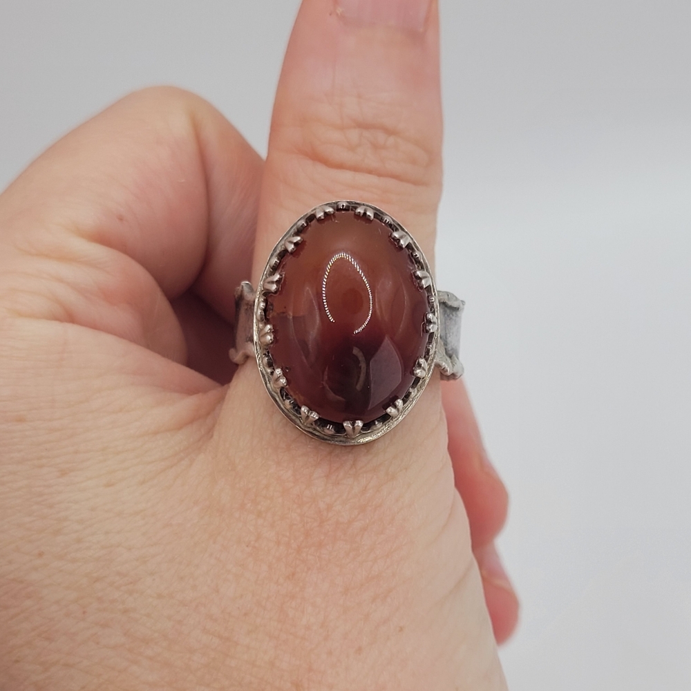 Rustic Oval Carnelian Cabochon Large Chunky Wide Band Silver Plated Ring Size 12